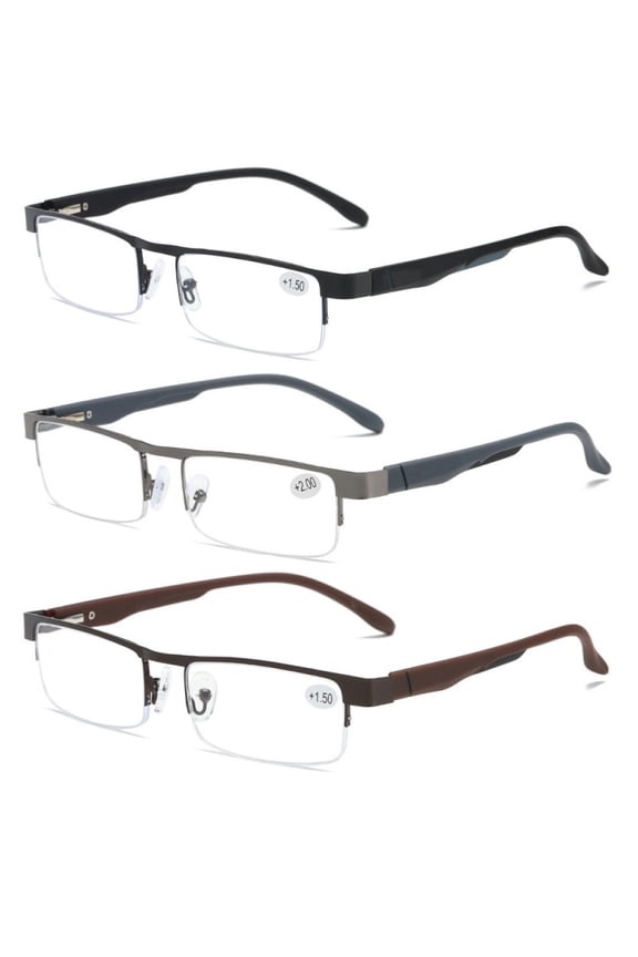 3 Pairs of Mens Half Rimless Blue Light Blocking Rectangle Reading Glasses +2.5, Metal Spring Hinges Classic Readers 2.5