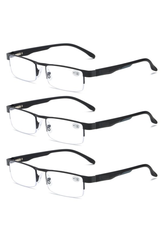 3 Pairs of Mens Half Rimless Blue Light Blocking Rectangle Reading Glasses +3.5, Metal Black Spring Hinges Classic Readers 3.5