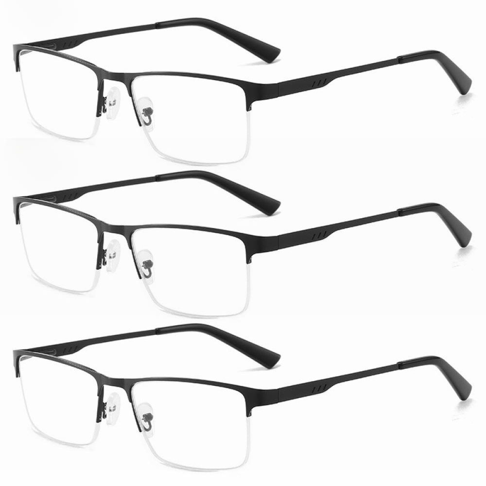 3 Pairs of Mens Metal Square Half Rimless Reading Glasses, Blue Light Blocking Classic Spring Hinges Oversized Black Readers +1.50