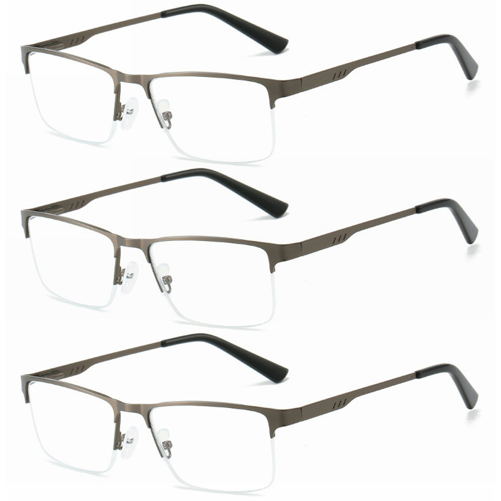3 Pairs of Mens Metal Square Half Rimless Reading Glasses, Blue Light Blocking Classic Spring Hinges Oversized Gunmetal Readers +2.50