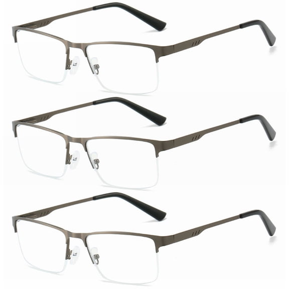 3 Pairs of Mens Metal Square Half Rimless Reading Glasses, Blue Light Blocking Classic Spring Hinges Oversized Gunmetal Readers +2.50