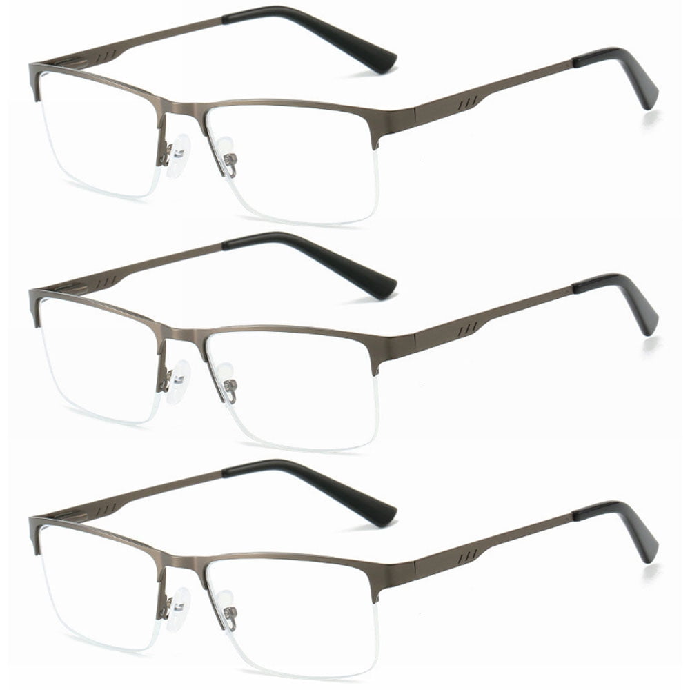 3 Pairs of Mens Metal Square Half Rimless Reading Glasses, Blue Light Blocking Classic Spring Hinges Oversized Gunmetal Readers +3.00