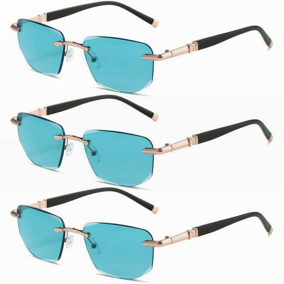 3 Pairs of Mens Rectangle Reading Glasses 1.5 Fashion Blue Lens Sunglasses Rimless +1.5