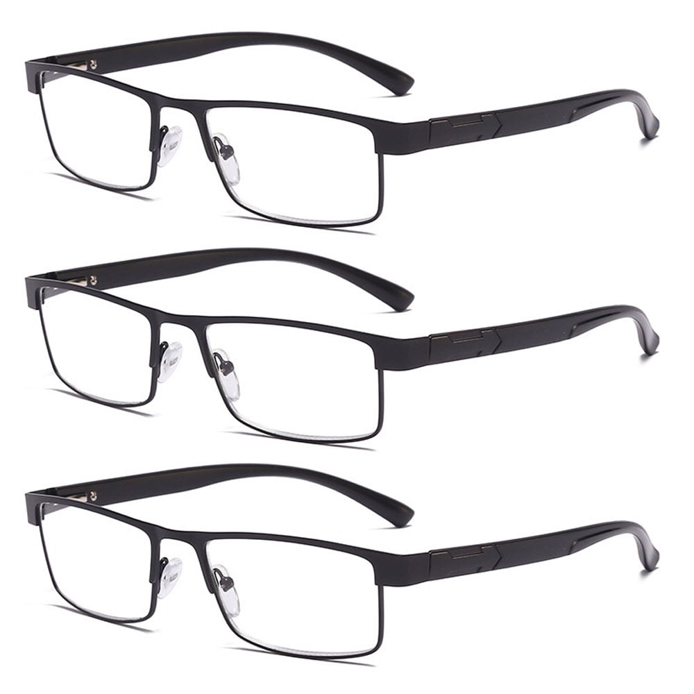 3 Pairs of Mens Rimmed Blue Light Blocking Reading Glasses +4.0, Metal Black Spring Hinges Classic Readers 4.0