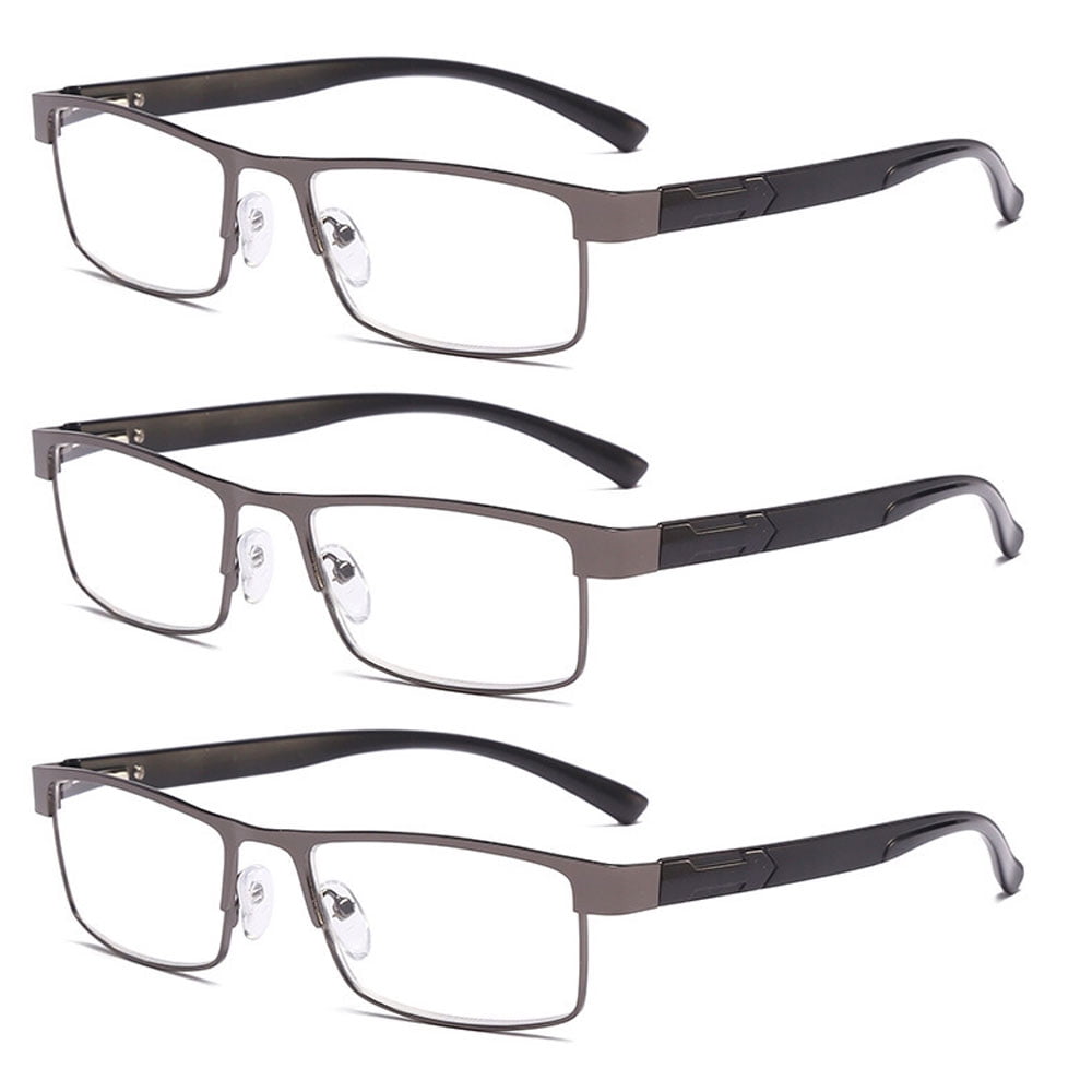 3 Pairs of Mens Rimmed Blue Light Blocking Reading Glasses +4.0, Metal Gunmetal Spring Hinges Classic Readers 4.0