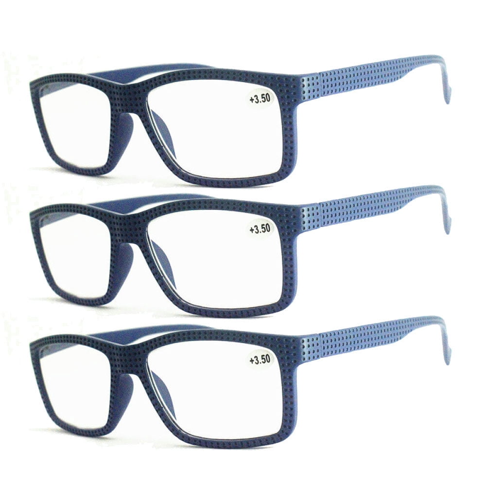 3 Pairs of Mens Thick Rectangular Blue Reading Glasses 3.5 Anti-blue Light Readers Women Plastic Spring Hinge Presbyopic Glasses +3.50