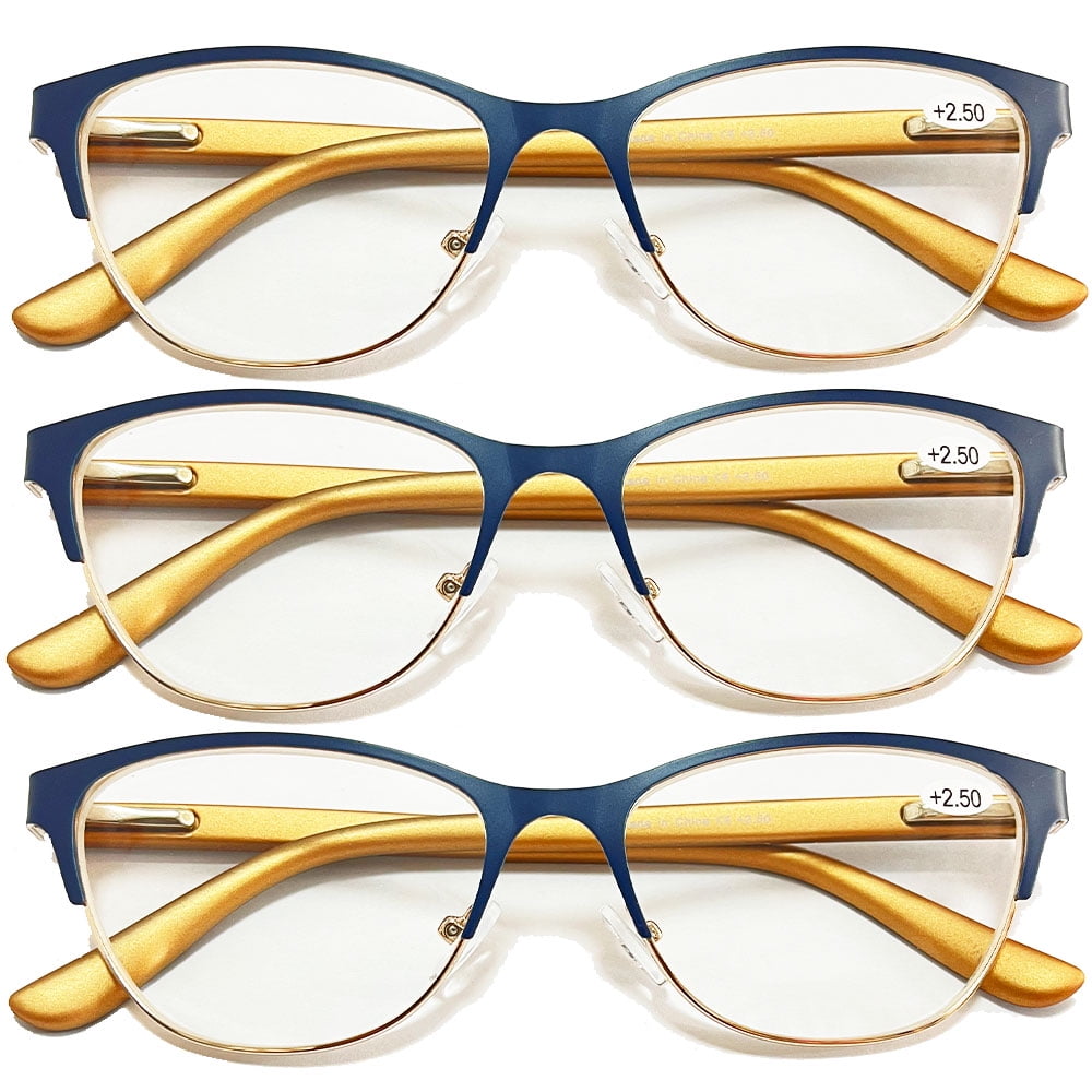 3 Pairs of New Trendy Women's Blue Cat Eye Reading Glasses 3.00, Classic HD Fashion Metal Spring Hinge Readers +3.00