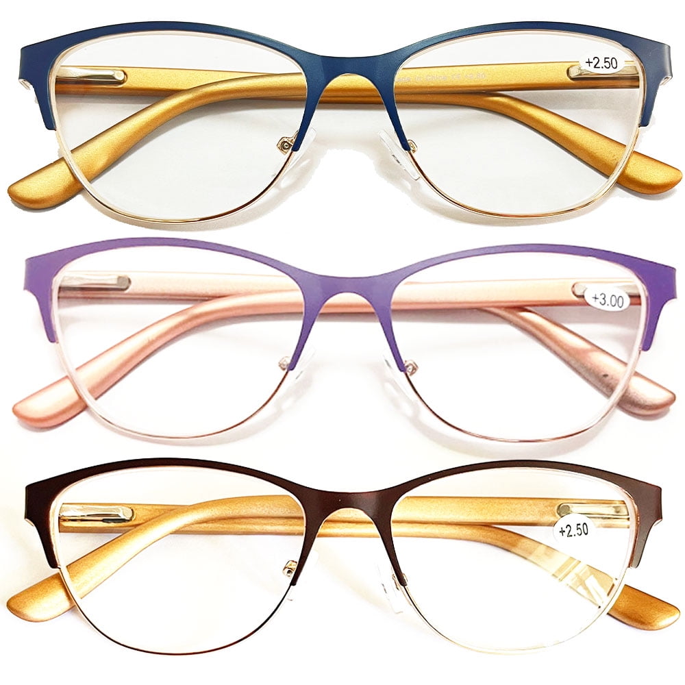 3 Pairs of New Trendy Women's Cat Eye Reading Glasses 2.50, Classic HD Fashion Metal Spring Hinge Readers +2.50