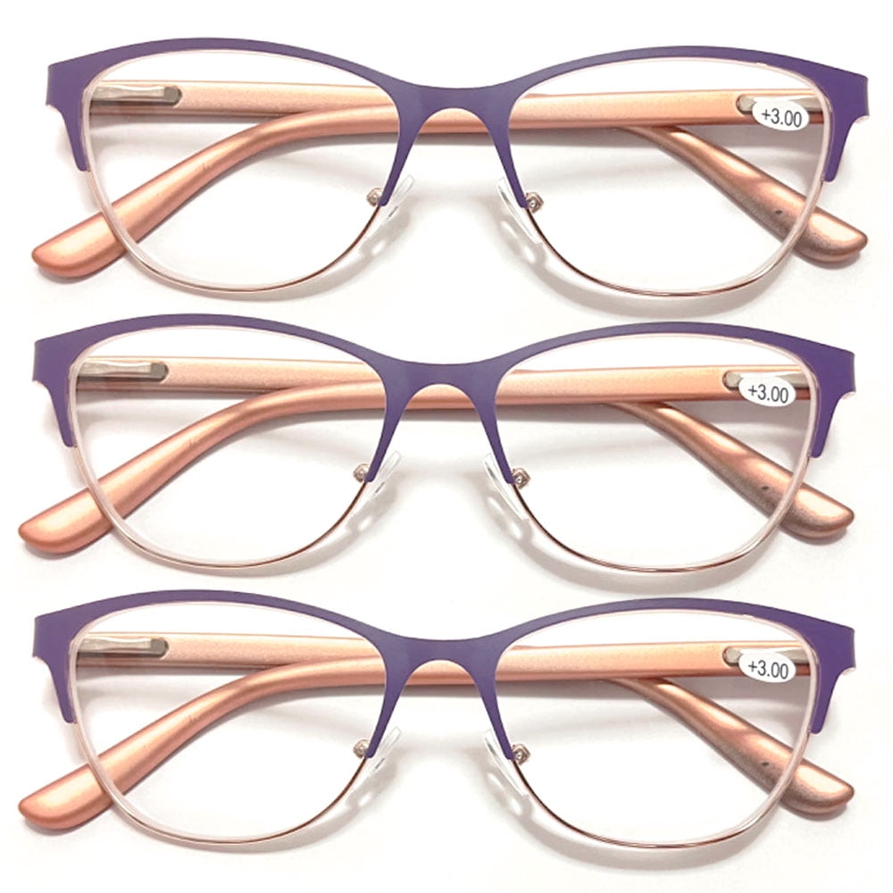 3 Pairs of New Trendy Women's Purple Cat Eye Reading Glasses 3.00, Classic HD Fashion Metal Spring Hinge Readers +3.00