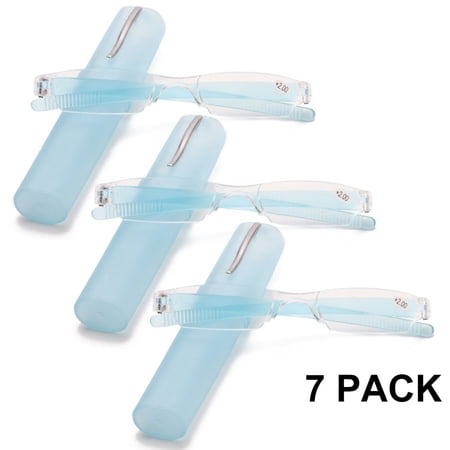 3 Pairs of Portable Small Rectangle Blue Clear Reading Glasses 2.50 With Pen Holder for Women and Men, Plastic Light Weight Readers +2.50
