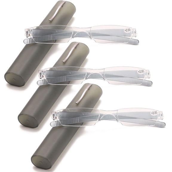 3 Pairs of Portable Small Rectangle Gray Clear Reading Glasses 3.00 With Pen Holder for Women and Men, Plastic Light Weight Readers +3.00