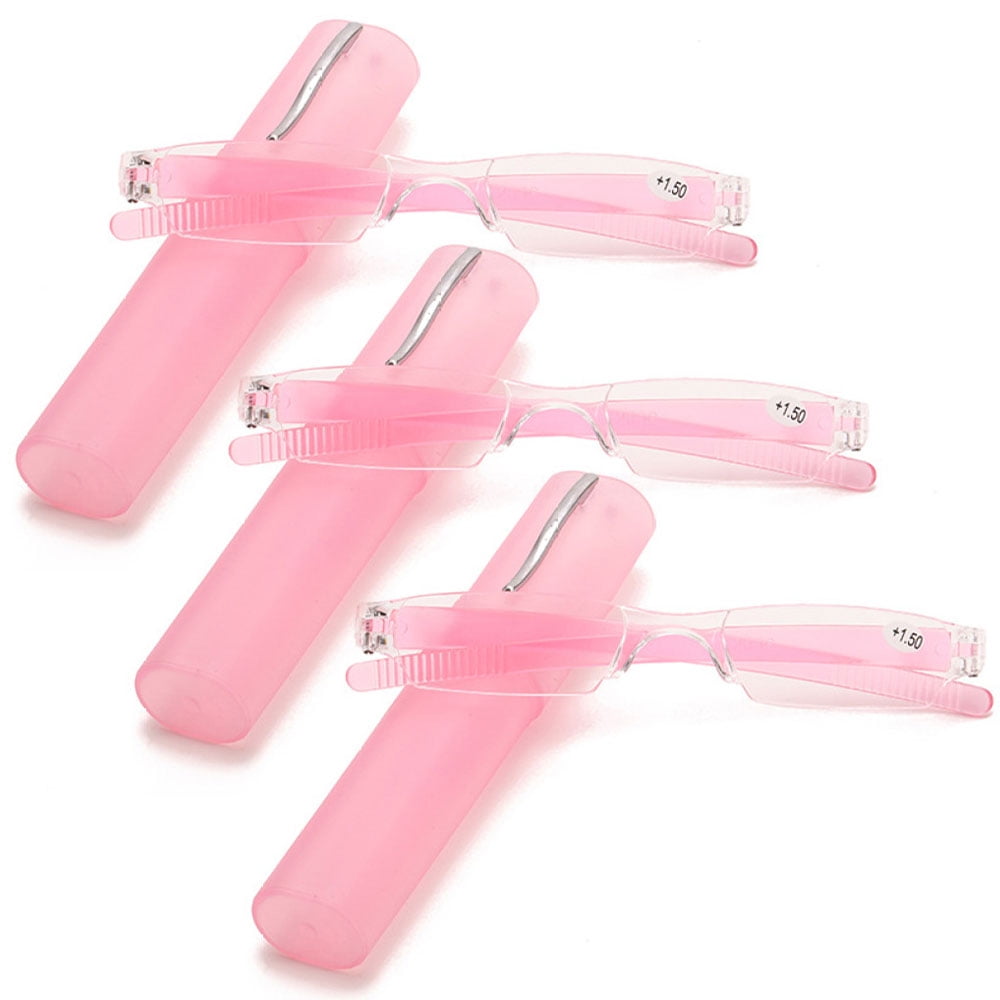 3 Pairs of Portable Small Rectangle Pink Clear Reading Glasses 1.50 With Pen Holder for Women and Men, Plastic Light Weight Readers +1.50