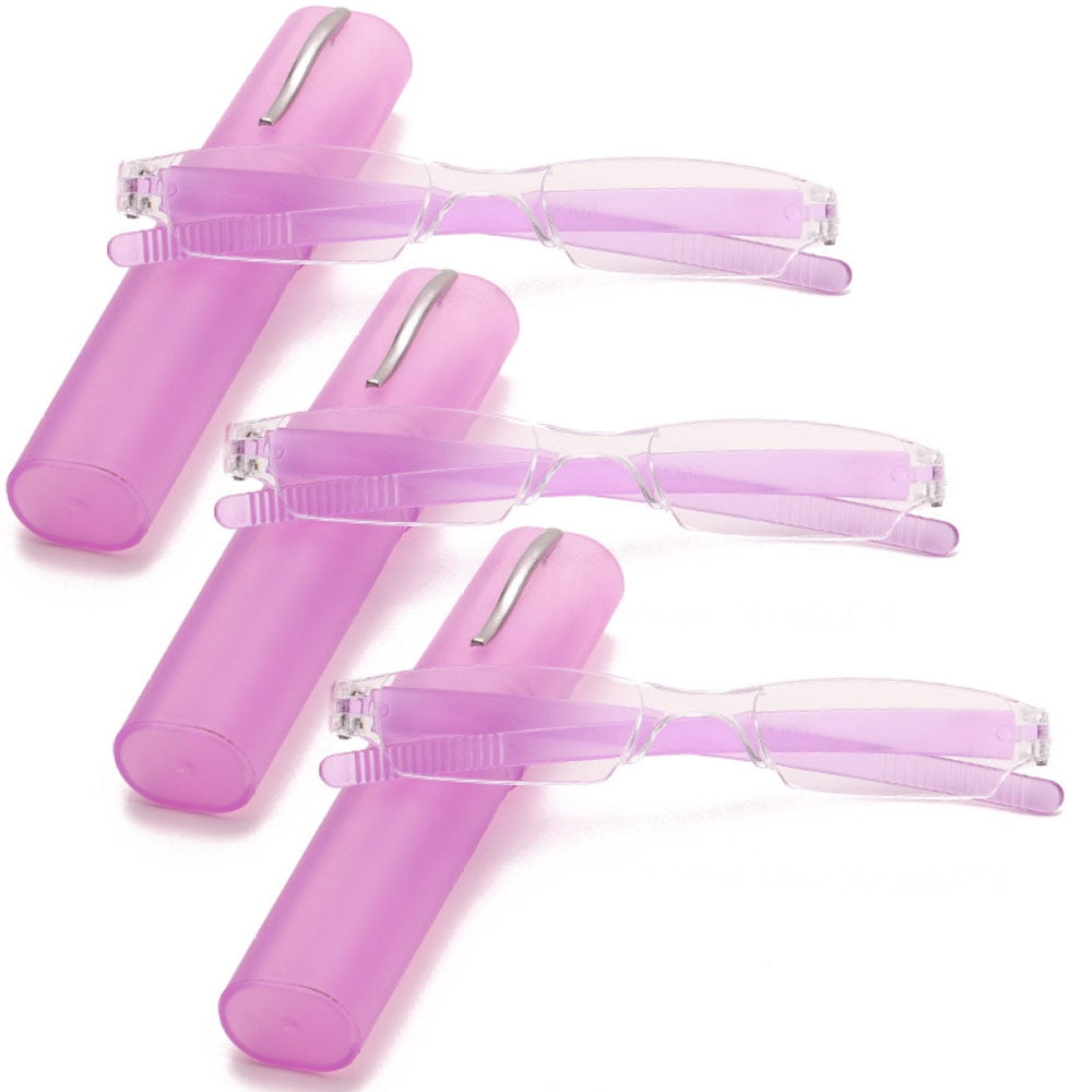 3 Pairs of Portable Small Rectangle Purple Clear Reading Glasses 2.50 With Pen Holder for Women and Men, Plastic Light Weight Readers +2.50