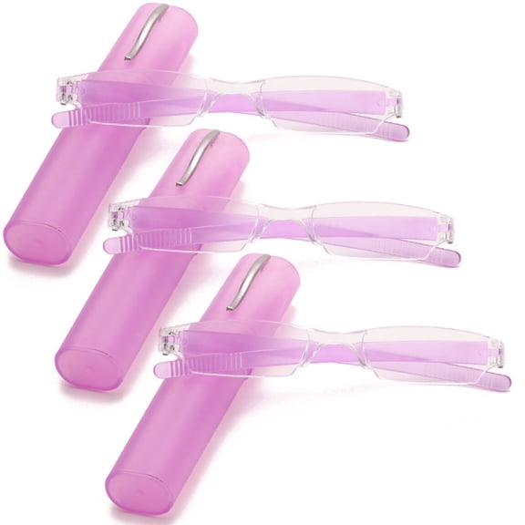 3 Pairs of Portable Small Rectangle Purple Clear Reading Glasses 2.50 With Pen Holder for Women and Men, Plastic Light Weight Readers +2.50
