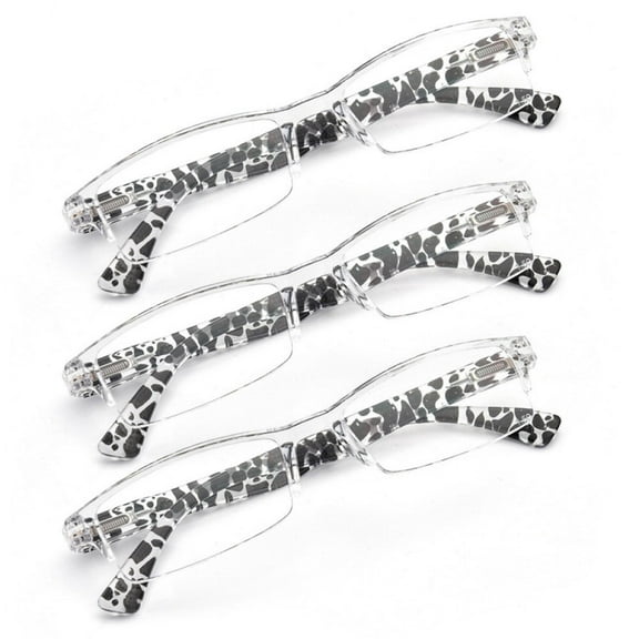 3 Pairs of Rectangular Reading Glasses 4.00 Half Rimless Clear Frame Zebra Print Spring Hinge Readers +4.00 strength