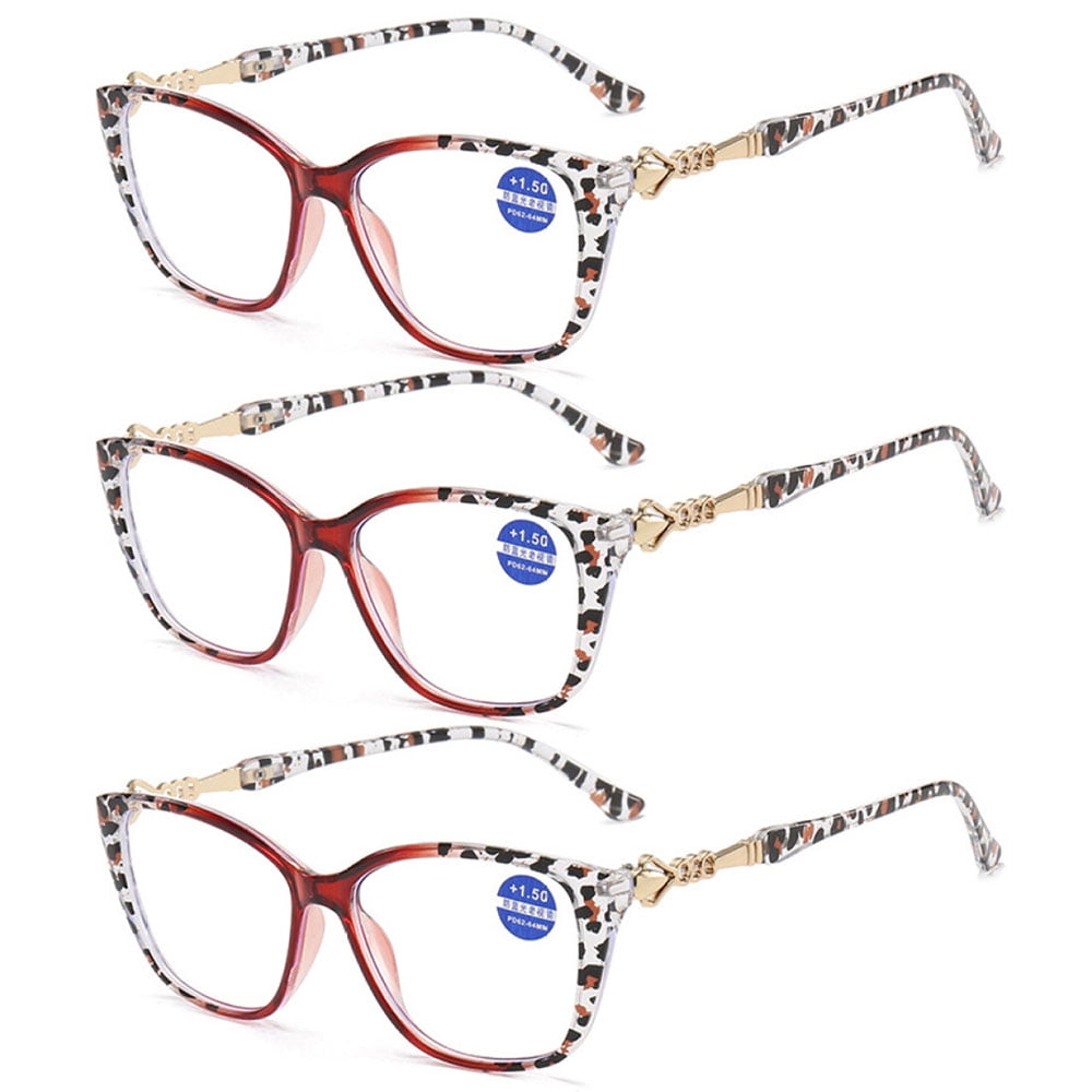 3 Pairs of Red Leopard Print Square Oversized Reading glasses Blue Light Blocking Metal Presbyopic Glasses Readers for Women +1.50