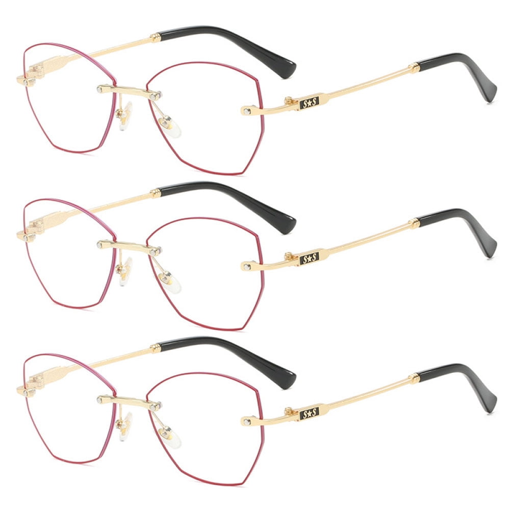3 Pairs of Rimless Reading Glasses 3.00 for Women, Blue Light Blocking HD Presbyopic Eyeglasses, Gold Red Butterfly Metal Readers +3.00