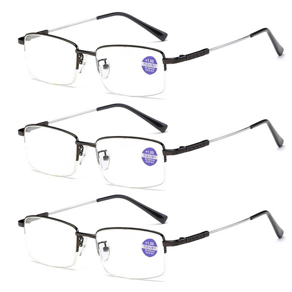 3 Pairs of Super Elastic Memory Ultralight Metal Readers Anti-Blue Light Half Rimless Rectangle Black Reading Glasses +2.50 for Men