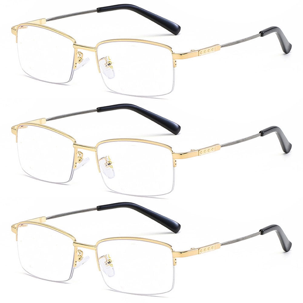 3 Pairs of Super Elastic Memory Ultralight Metal Readers Anti-Blue Light Half Rimless Rectangle Gold Reading Glasses +2.00 for Men