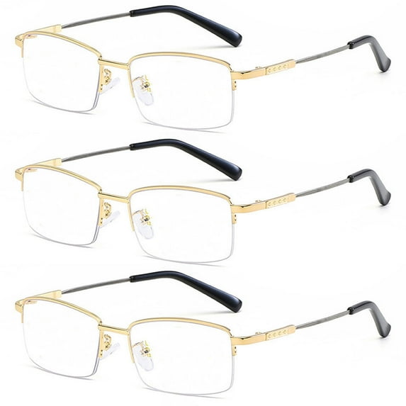 3 Pairs of Super Elastic Memory Ultralight Metal Readers Anti-Blue Light Half Rimless Rectangle Gold Reading Glasses +3.00 for Men