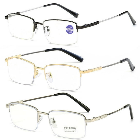 3 Pairs of Super Elastic Memory Ultralight Metal Readers Anti-Blue Light Half Rimless Rectangle Reading Glasses +2.50 for Men