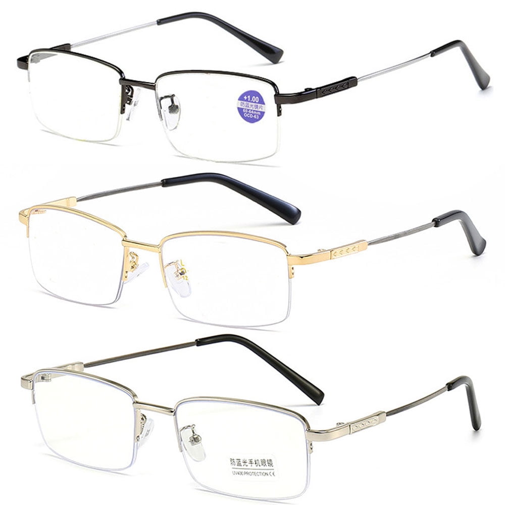 3 Pairs of Super Elastic Memory Ultralight Metal Readers Anti-Blue Light Half Rimless Rectangle Reading Glasses +4.00 for Men