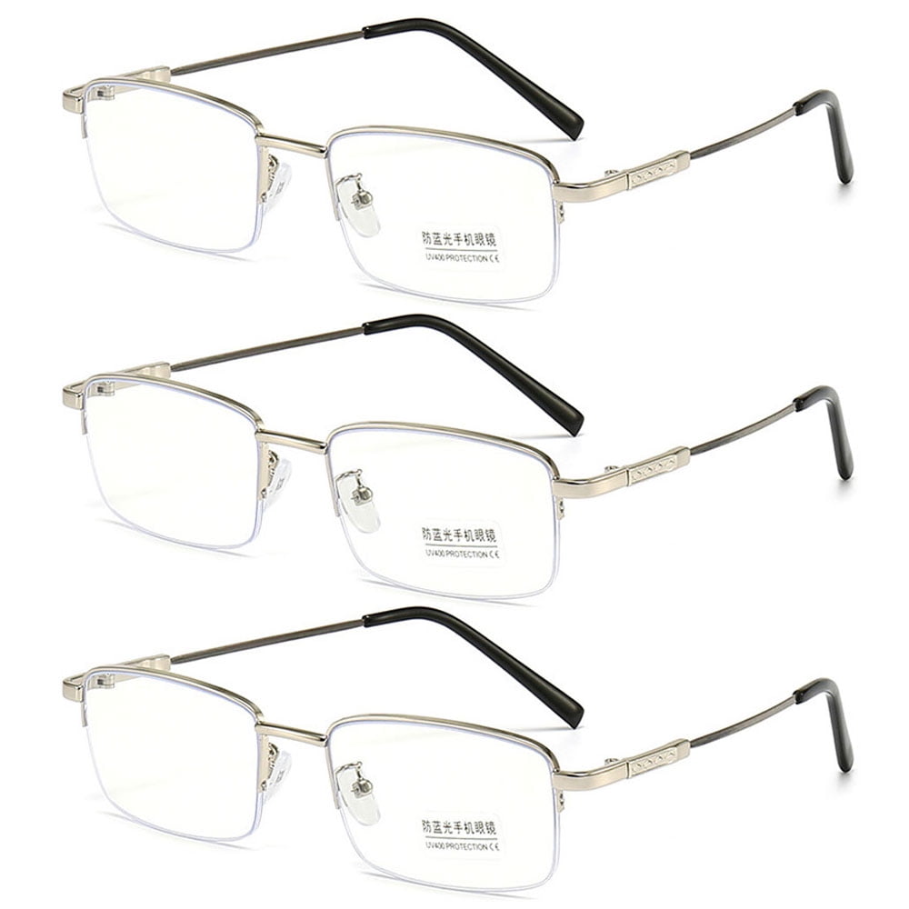 3 Pairs of Super Elastic Memory Ultralight Metal Readers Anti-Blue Light Half Rimless Rectangle Silver Reading Glasses +3.00 for Men