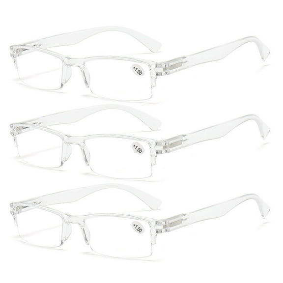 3 Pairs of Transparent Retro Rectangle Spring Hinge Reading Glasses 1.50 for Men and Women, Clear Half Rimless Lightweight Plastic Readers +1.50
