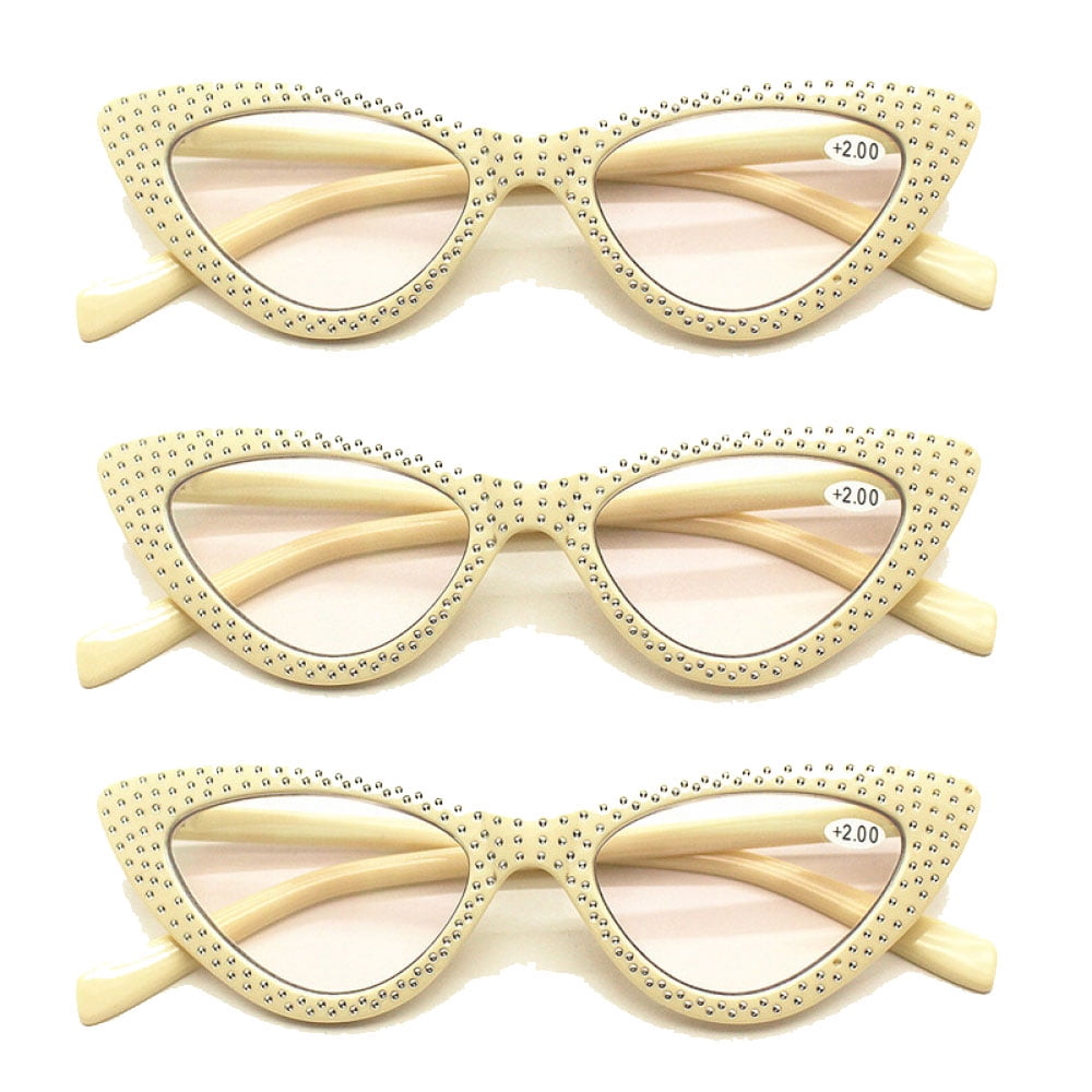3 Pairs of Women Beige Cat Eye Reading Glasses Diamond Presbyopic Glasses Plastic Readers +2.50