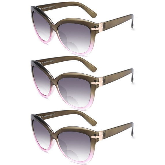 3 Pairs of Women Bifocal Reading Glasses Sunglasses Army Green Cat Eye Readers Gradient TAC Classic Oversized Presbyopic Glasses +2.00