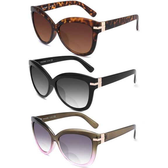 3 Pairs of Women Bifocal Reading Glasses Sunglasses Cat Eye Readers Gradient TAC Classic Oversized Presbyopic Glasses +3.00