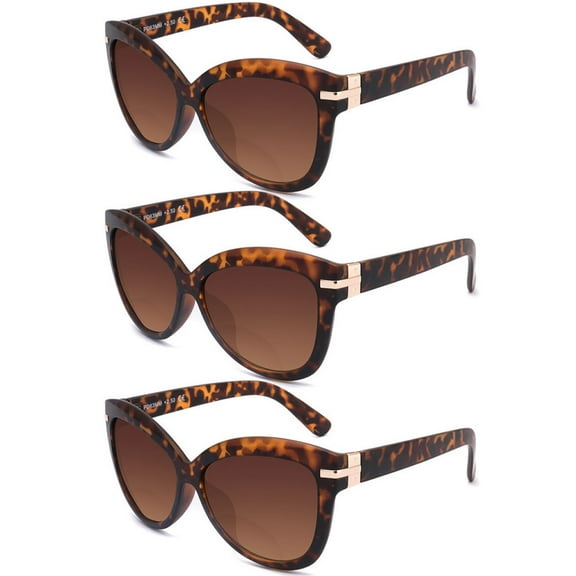 3 Pairs of Women Bifocal Reading Glasses Sunglasses Tortoise Cat Eye Readers Gradient TAC Classic Oversized Presbyopic Glasses +2.50