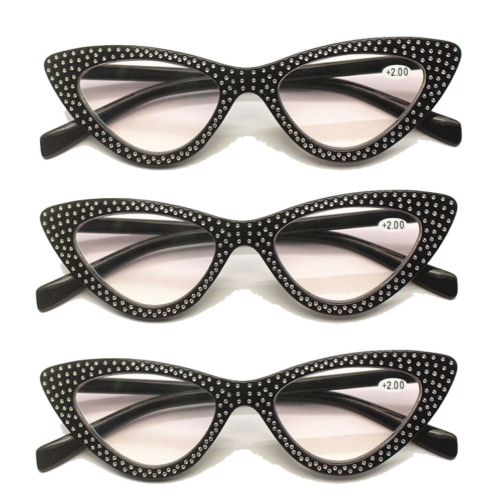 3 Pairs of Women Black Cat Eye Reading Glasses Diamond Presbyopic Glasses Plastic Readers +3.50