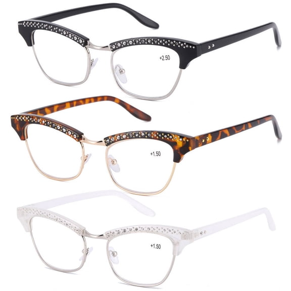 3 Pairs of Women Bling Diamond Reading Glasses, Cat Eye Presbyopic Glasses, Ladies Metal Readers +2.50