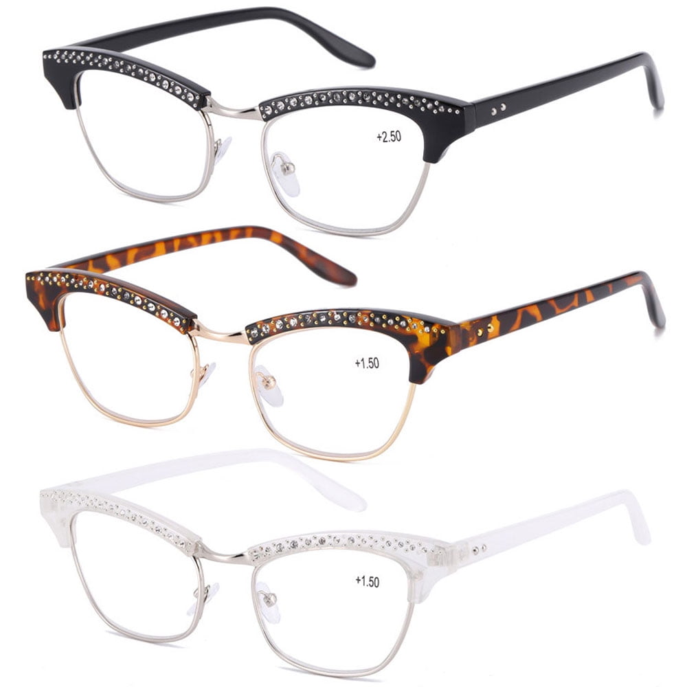 3 Pairs of Women Bling Diamond Reading Glasses, Cat Eye Presbyopic