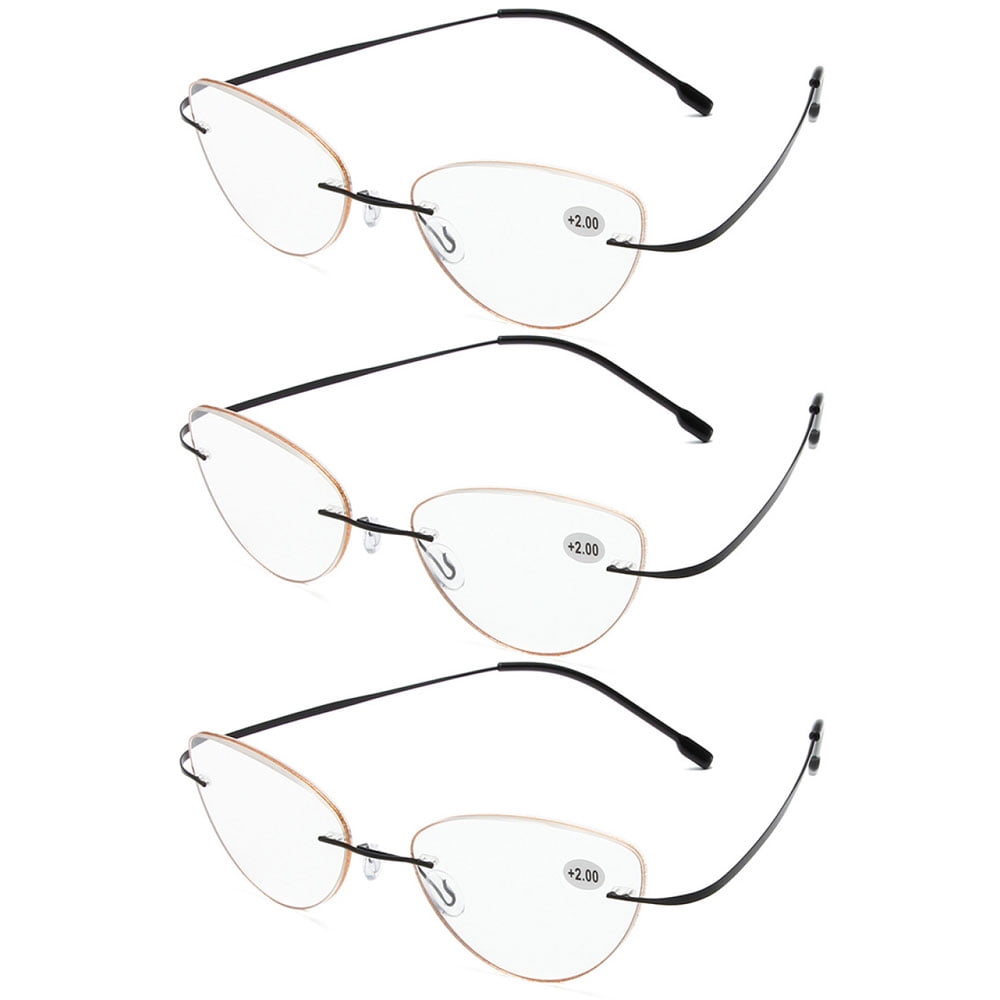 3 Pairs of Women Bling Glitter Around Rimless Flexible Cat Eye Reading Glasses 1.50 Ladies Anti-blue Light Black Titanium Alloy Readers 1.50 Strength