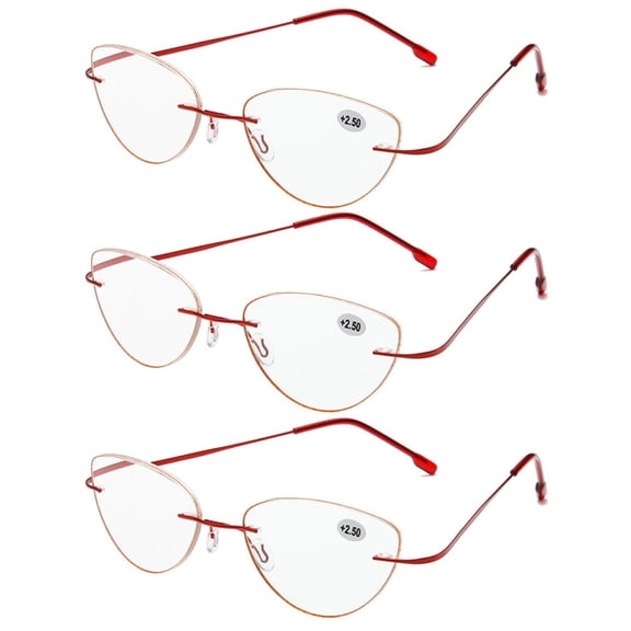 3 Pairs of Women Bling Glitter Around Rimless Flexible Cat Eye Reading Glasses 1.50 Ladies Anti-blue Light Red Titanium Alloy Readers 1.50 Strength