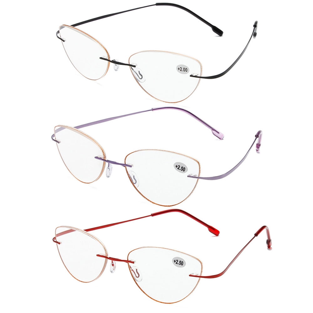 3 Pairs of Women Bling Glitter Around Rimless Flexible Cat Eye Reading Glasses 1.50 Ladies Anti-blue Light Titanium Alloy Readers 1.50 Strength