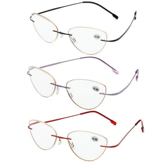 3 Pairs of Women Bling Glitter Around Rimless Flexible Cat Eye Reading Glasses 1.50 Ladies Anti-blue Light Titanium Alloy Readers 1.50 Strength