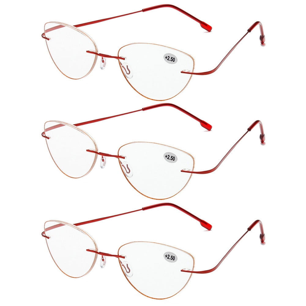 3 Pairs of Women Bling Glitter Around Rimless Flexible Cat Eye Reading Glasses 3.50 Ladies Anti-blue Light Red Titanium Alloy Readers 3.50 Strength