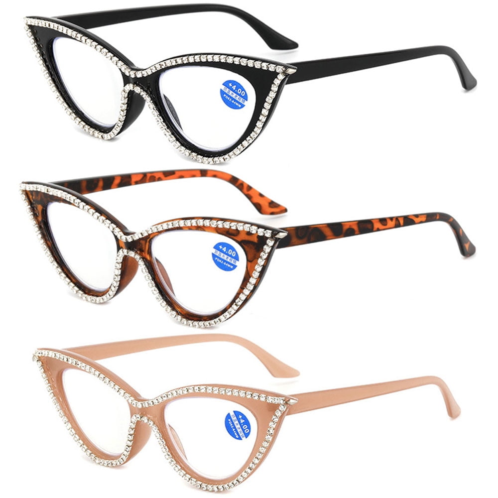 3 Pairs of Women Blue Light Blocking Cat Eye Reading Glasses 1.50 Ladies Handmade Diamond Readers +1.50 Strength