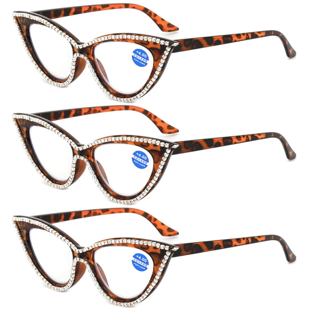 3 Pairs of Women Blue Light Blocking Cat Eye Reading Glasses 2.00 Ladies Handmade Diamond Tortoiseshell Frame Readers +2.00 Strength