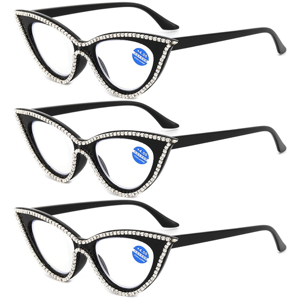 3 Pairs of Women Blue Light Blocking Cat Eye Reading Glasses 3.00 Ladies Handmade Diamond Black Frame Readers +3.00 Strength