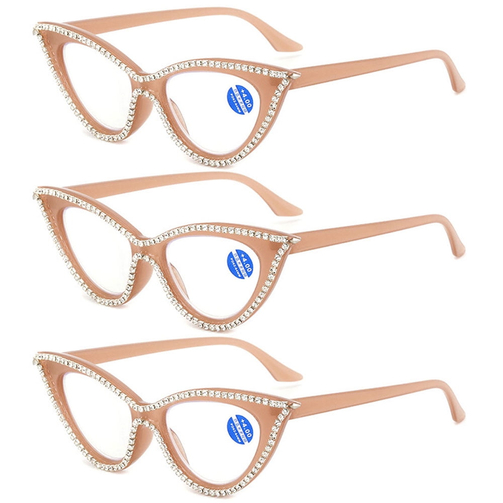 3 Pairs of Women Blue Light Blocking Cat Eye Reading Glasses 3.00 Ladies Handmade Diamond Brown Frame Readers +3.00 Strength