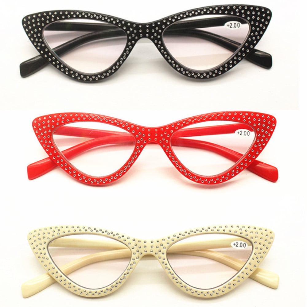 3 Pairs of Women Cat Eye Reading Glasses Diamond Presbyopic Glasses Plastic Readers +1.50