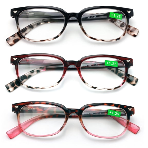 3 Pairs of Women Classic Reader With Spring Hinges - Half Translucent Tortoise Reading Glasses Magnification +3.00