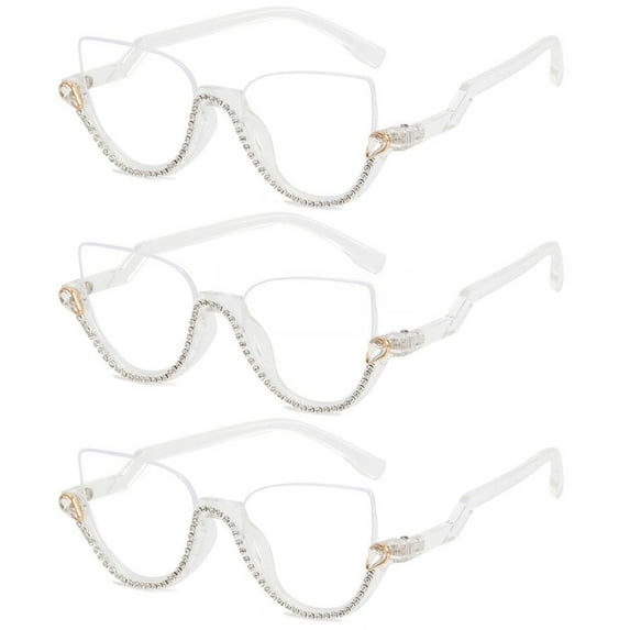 3 Pairs of Women Half Moon Blue Light Blocking Reading Glasses 4.00 Ladies Semi-Rimless Transparent Diamond Readers +4.00 Strength