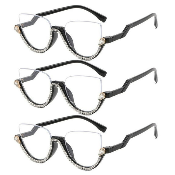3 Pairs of Women Half Moon Blue Light Blocking Reading Glasses Ladies Semi-Rimless Black Diamond Readers