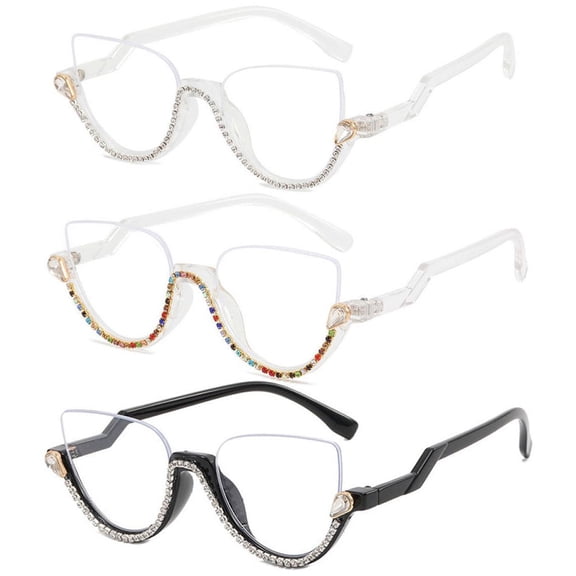3 Pairs of Women Half Moon Blue Light Blocking Reading Glasses Ladies Semi-Rimless Diamond Readers