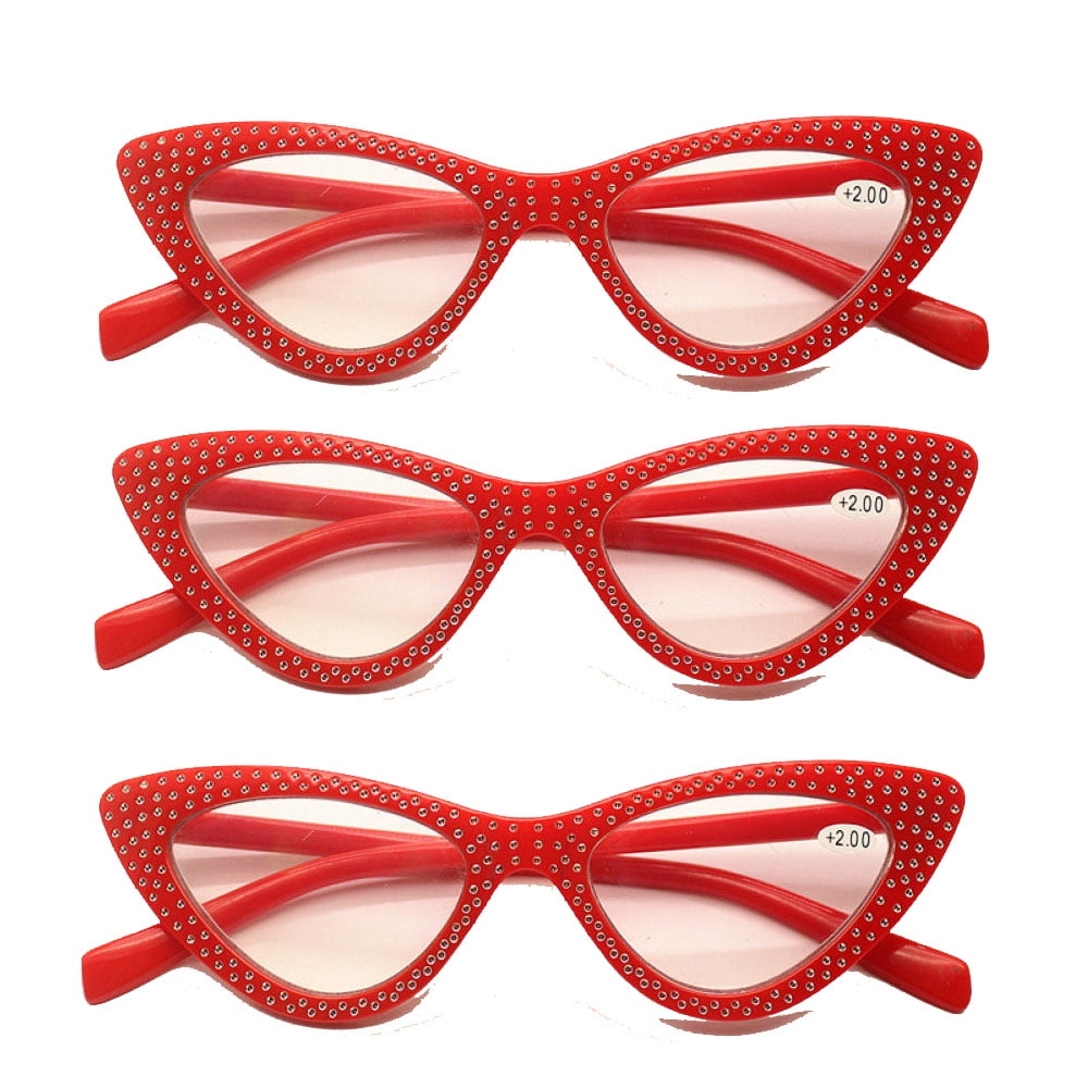3 Pairs of Women Red Cat Eye Reading Glasses Diamond Presbyopic Glasses Plastic Readers +3.00